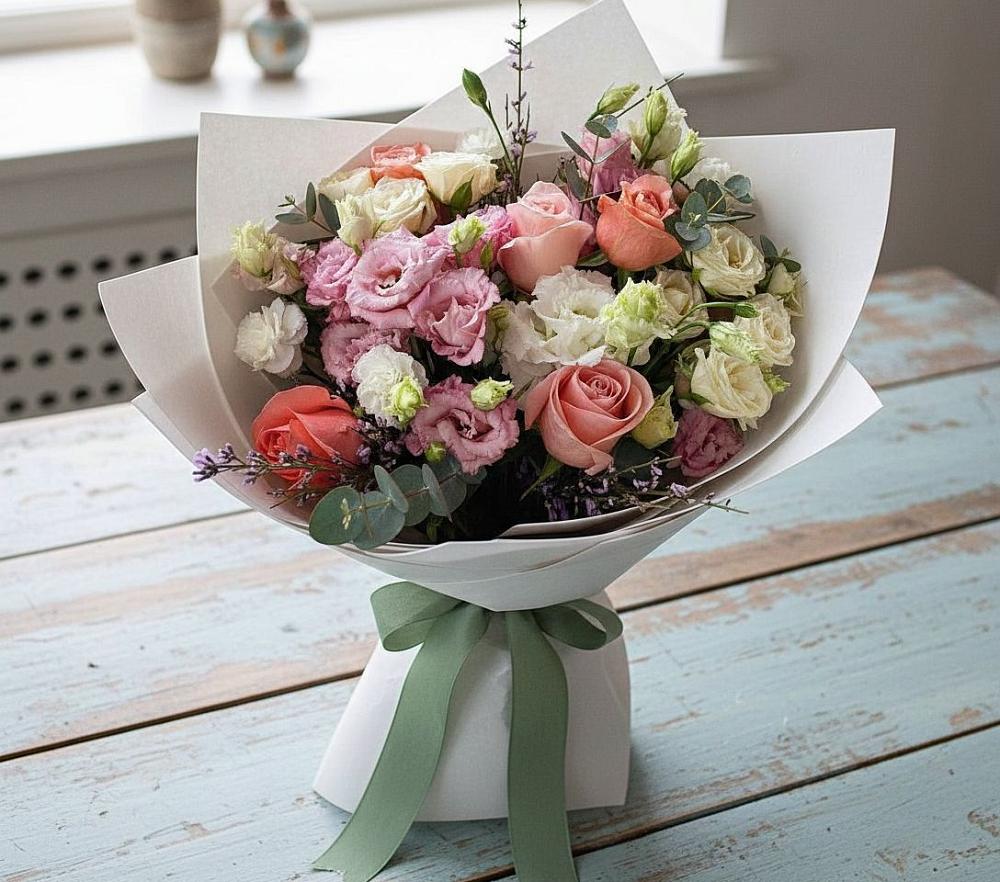 Букет цветов из: Розы, Лизиантусы и Гвоздики в Борисовке Краснодарского края