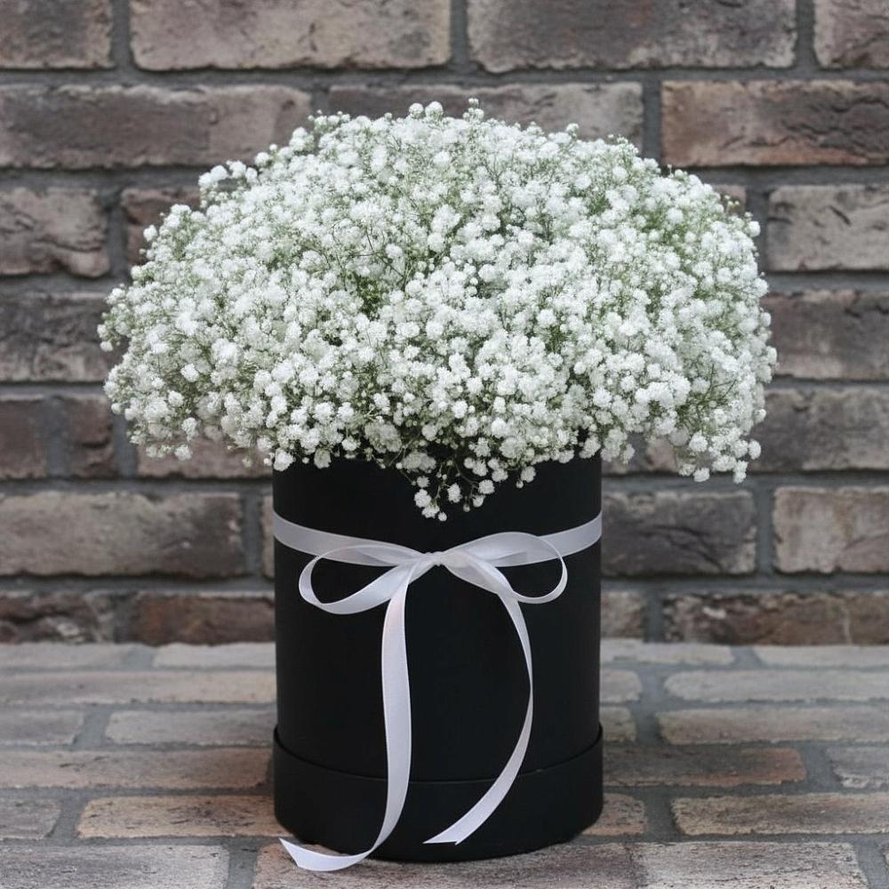 Цветочная композиция из Гипсофила в шляпной коробке в Борисовке Краснодарского края