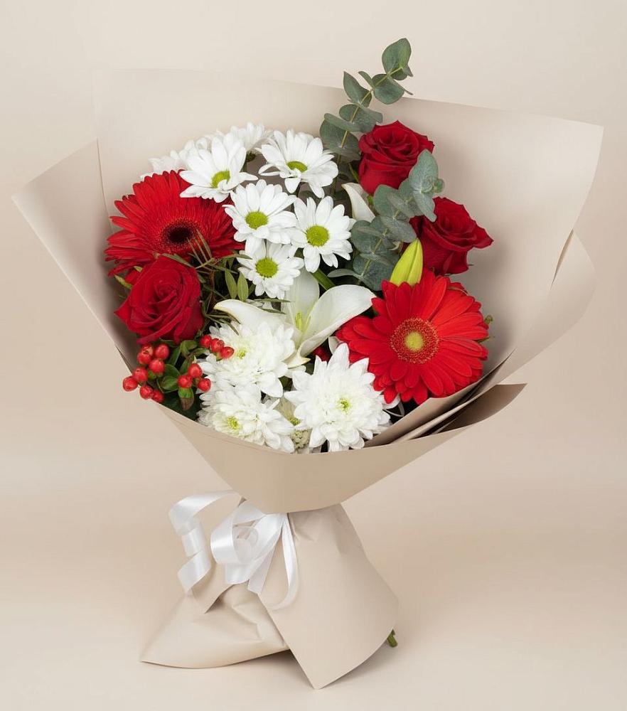 Букет цветов из: Розы, Хризантемы, Герберы и Лилии в Борисовке Краснодарского края
