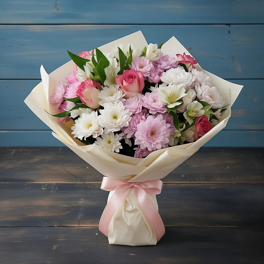 Букет цветов из: Хризантемы, Альстромерии и Розы в Борисовке Краснодарского края